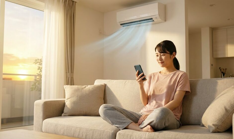 外出先から帰宅した日本人女性が、スマートフォンを使って自宅のエアコンを遠隔操作している様子。