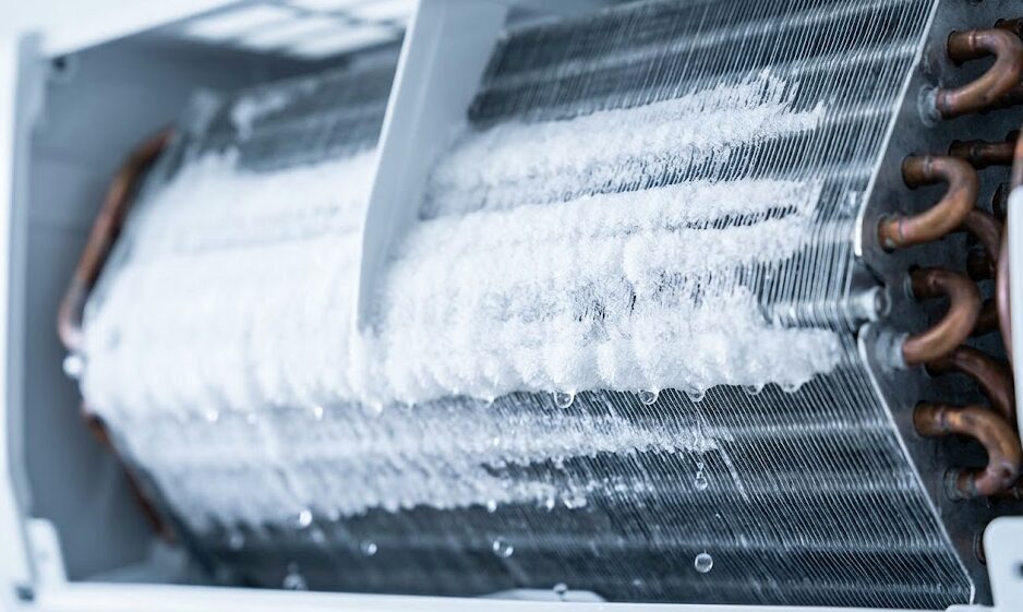 エアコン内部の熱交換器（フィン）が凍結し、その後氷が溶けて汚れを洗い流している「氷解洗浄」のイメージ。
