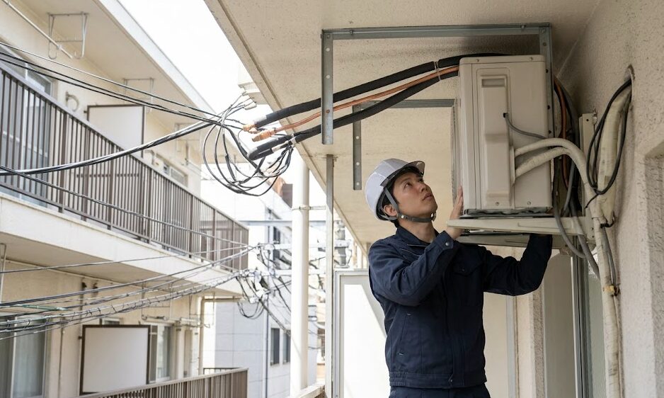 狭いベランダの天井に、日本人作業員がエアコンの室外機を特殊設置工事している様子。