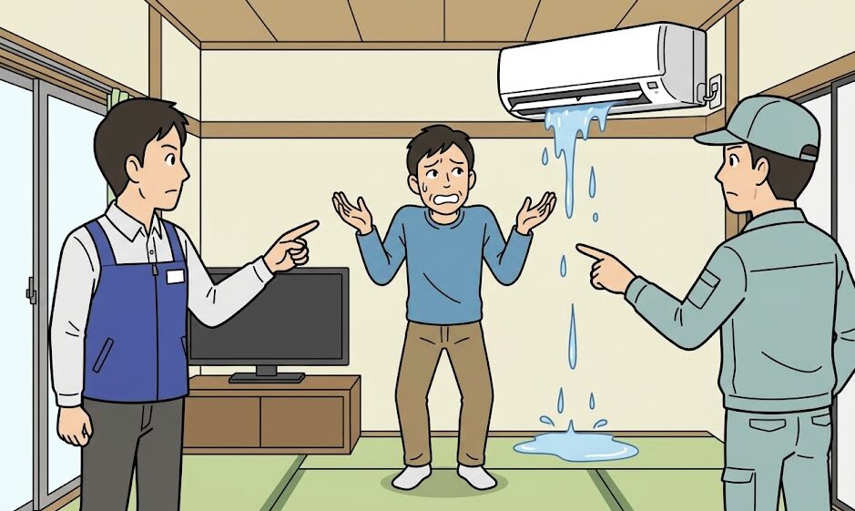 水漏れするエアコンの前で、販売店と工事業者の責任の所在について困惑し、途方に暮れる日本人の住人。
