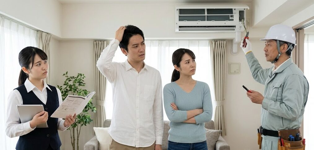 新しいエアコンが動かず、家具店スタッフと電気工事士の間で不安そうに悩む日本人夫婦。