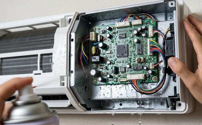 エアコンの電装ボックス内に誤って市販の洗浄スプレーを吹きかけてしまい、複雑な電子部品が液体でびしょ濡れになっている様子。水滴が基板から滴り落ちようとしており、故障リスクを強調している。