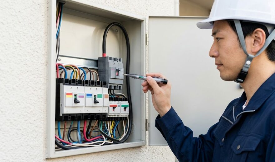 日本の住宅の分電盤(ブレーカーボックス)の内部写真。エアコン専用のブレーカーから独立した配線が伸びている様子をプロが確認している。専用回路の重要性を視覚化。