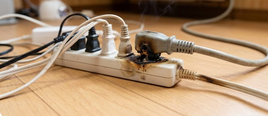 日本の住宅のフローリングの床で、白いタコ足延長コードに複数の家電のプラグが差し込まれており、その接続部分(特にエアコンの太いプラグが差し込まれた箇所)が異常な熱によって茶色く焦げ、溶けかかっている。火災の危険性を視覚的に伝えるクローズアップ写真。ロゴや文字はない。