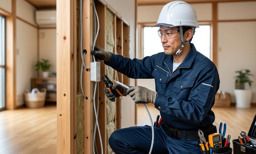 日本の住宅の壁の内部で、日本人電気工事士(プロ)が新しいエアコン専用コンセントのための配線工事(増設工事)を専門ツールを使って行っている様子。安全性と専門性を視覚化。