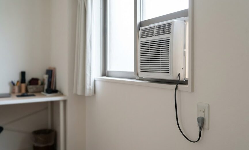 日本の住宅の窓に窓用エアコンが設置されており、その太いプラグが壁にある一般的なコンセント(100V)に直接差し込まれている。延長コードを使用しない安全な設置例。