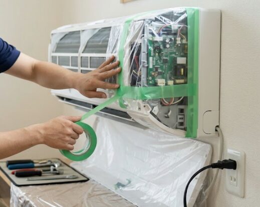 エアコン洗浄前に電源プラグを抜き、電装ボックス周辺をマスカーテープとビニールで完璧に養生する日本人男性。