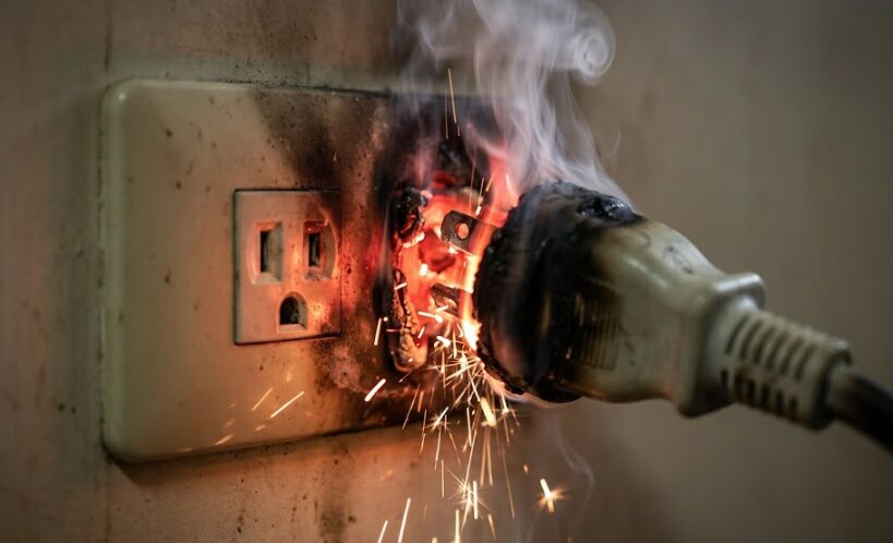 電圧の異なるコンセントに無理やり接続したり、延長コードを使用したりすることで異常発熱やショートを起こしている危険な状態のイメージ