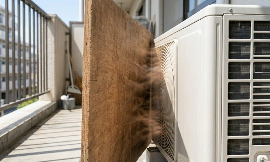 障害物によって排熱が妨げられ、室外機が自らの熱風を吸い込んでしまうショートサーキット現象のイメージ