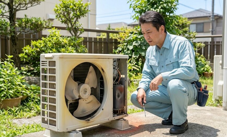 誤った日よけ対策による過負荷が原因で故障したエアコン室外機を点検する修理業者