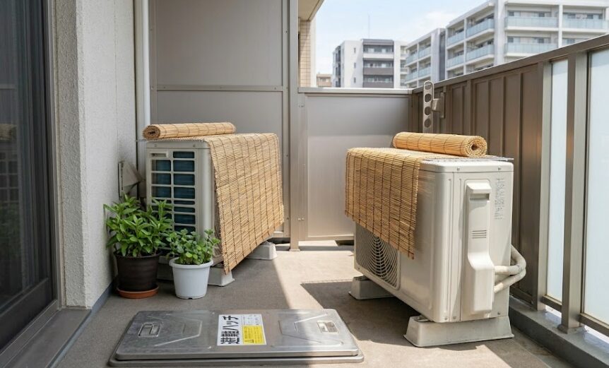 避難ハッチや隣室との仕切り板を塞がないよう、安全な配置と空間を保ったマンションベランダの室外機