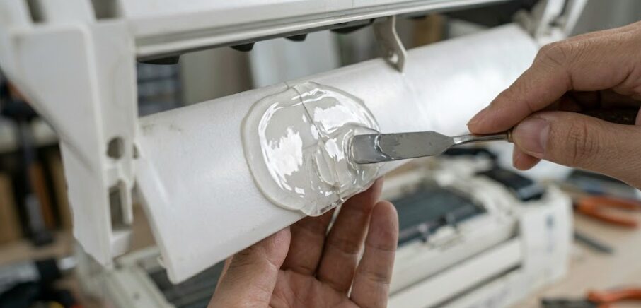 折れたルーバーの断面だけでなく周囲も厚く覆って補強する肉盛り接着の様子