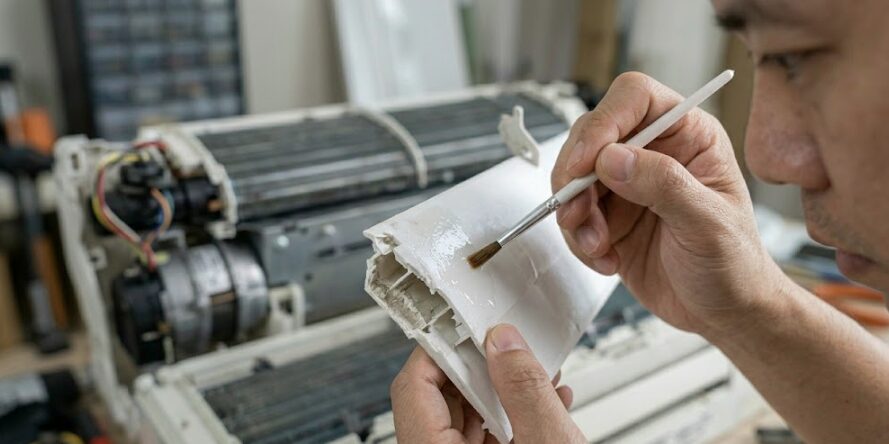 ポリプロピレンなどの難接着素材に接着剤をなじませるためのプライマー塗布作業