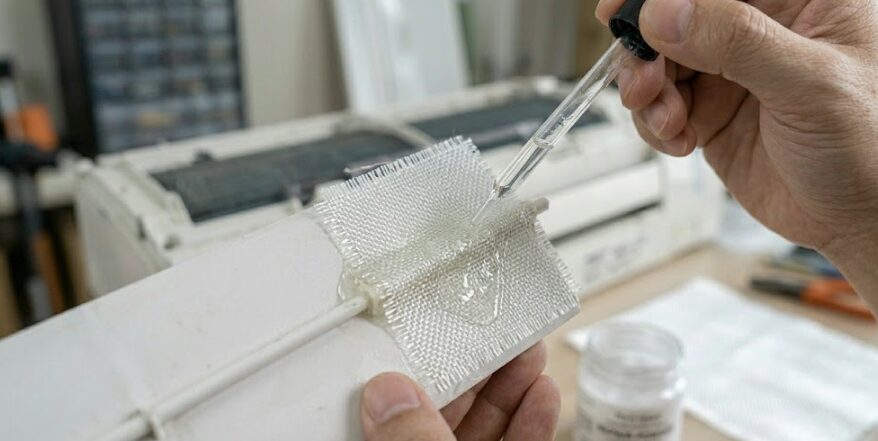 ルーバーの回転軸にガラス繊維と造形補修剤を組み合わせて行うFRP成型の補強手順