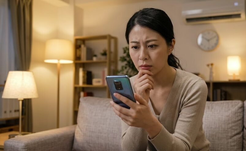 エアコン業者からの連絡を待ち、不安な表情でスマートフォンを見る日本人女性。