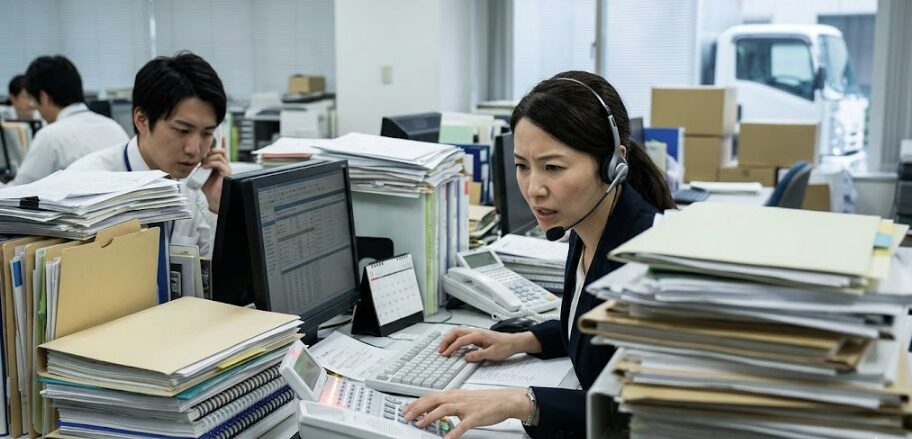 引越しシーズンの繁忙期に、山積みの書類と鳴り止まない電話に対応するエアコン業者の事務スタッフ。
