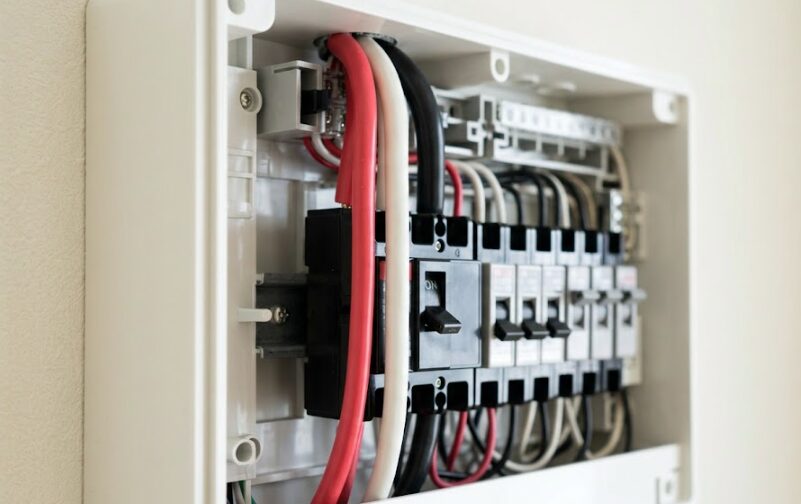 200V対応の単相3線式であることを示す、分電盤内の赤・白・黒の3本の配線の確認箇所