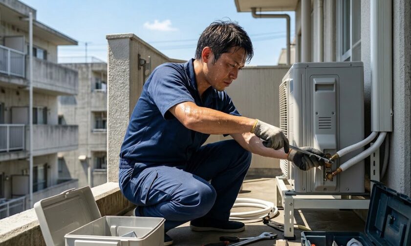 日本の暑い夏の日に、大量の汗を流しながらアパートのバルコニーでエアコン室外機を設置する日本人男性技術者。