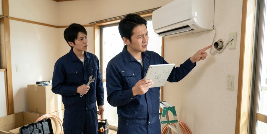 依頼窓口からの情報と現場の状況が合致せず、困惑するエアコン施工業者。