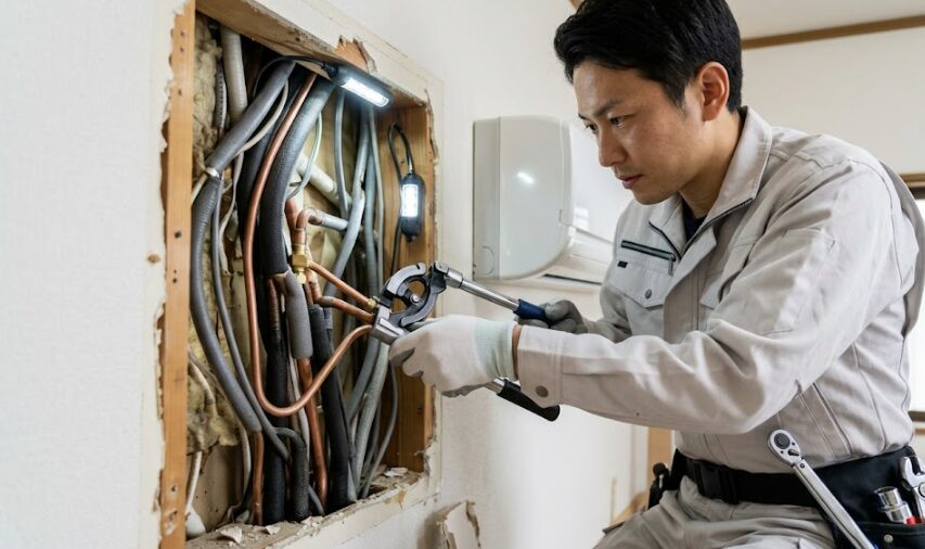 壁の内部に複雑な配管を通す、専門性の高いエアコン設置工事の様子。