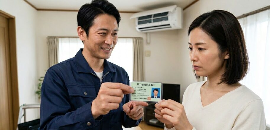 エアコン工事の前に、顧客に第二種電気工事士の資格証を提示する信頼できる日本人作業員。顧客も安心した表情で見守っている。