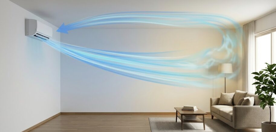 長方形のリビングで短辺の壁にエアコンを設置した失敗例。吹き出した風が対面の壁にぶつかり、部屋中央に届かず温度ムラができている様子。