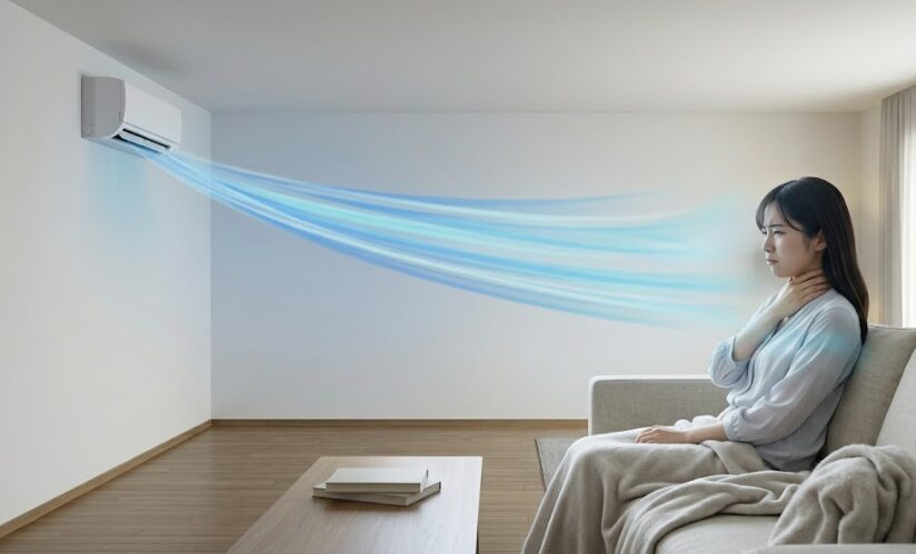 日本人の女性がリビングのソファでくつろいでいる際、真上のエアコンから冷風が直接当たり不快そうにしている様子。