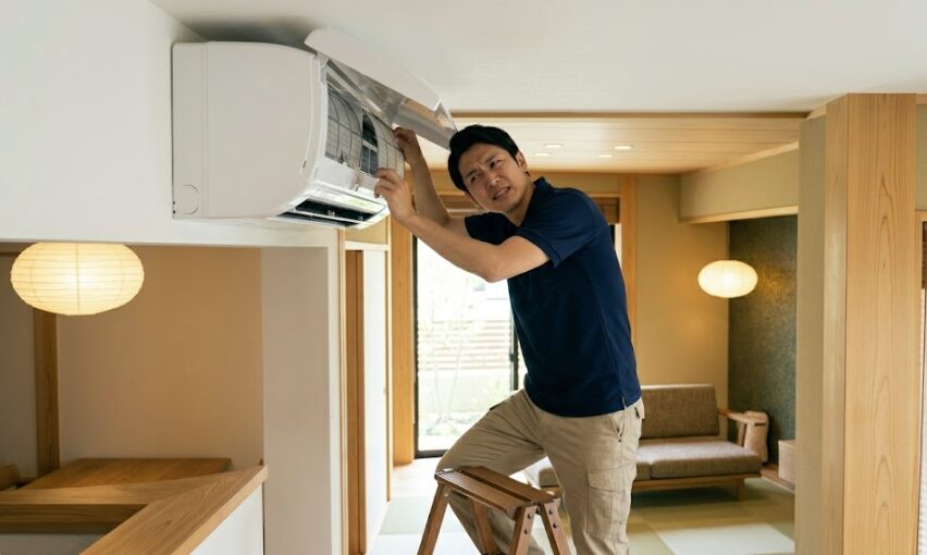 日本人の男性が、天井ギリギリに設置されたエアコンのフィルター掃除をしようとして、スペースがなく苦戦している様子。