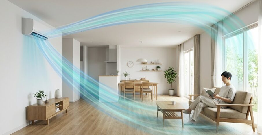 長方形のリビングで、短辺の壁に設置されたエアコンから風が天井沿いを這うように奥まで届き、部屋全体を効率よく循環している様子。