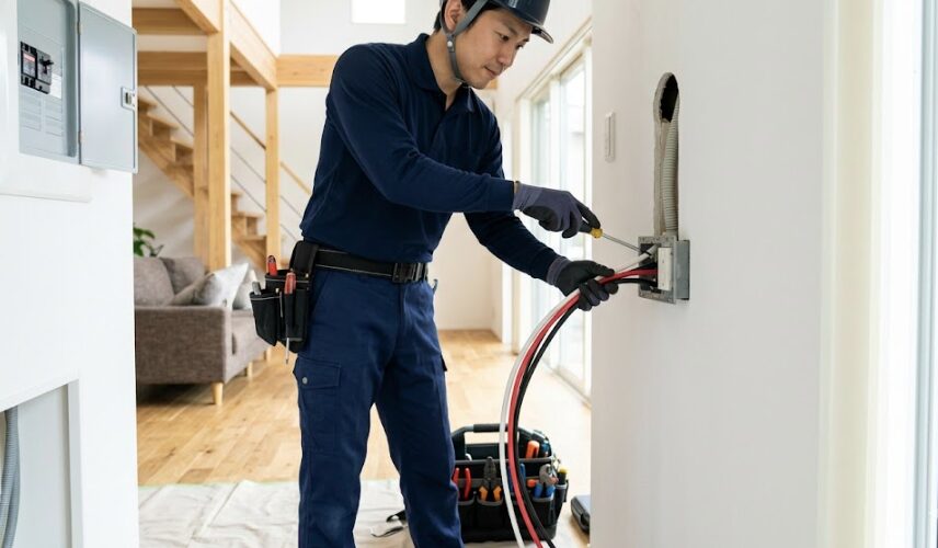 国家資格を持つ電気工事士が、エアコン用の専用回路や200V対応コンセントを安全に設置している工事の様子