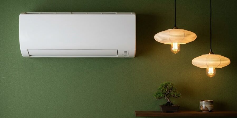 おしゃれな和モダンリビングで、アクセントクロスや照明の雰囲気を大きく目立つ白いエアコン室内機が損ねている様子。