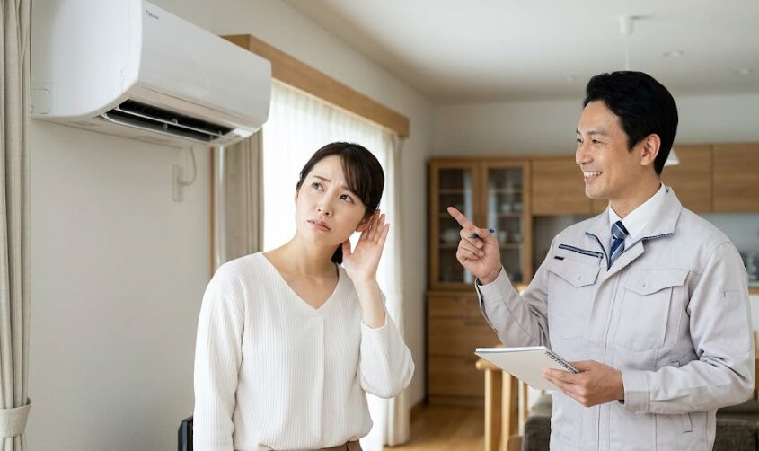 ダイキンのエアコンからカタカタ音がする問題に悩む日本人女性と、笑顔で解決策を説明する工務店くん風の日本人男性専門家（作業服）のツーショット