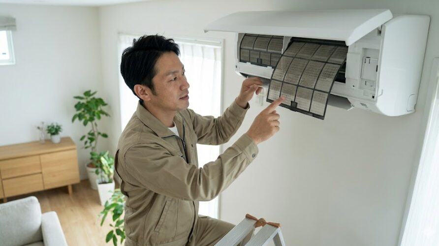脚立に乗り、エアコンの前面パネルを開けてホコリの溜まったフィルターを指差す日本人男性専門家
