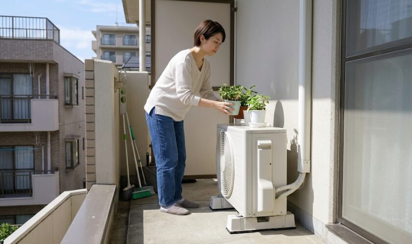 ベランダにあるエアコン室外機の周辺にある植木鉢や掃除道具を片付け、スッキリさせた状態