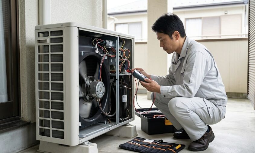 作業服を着た日本人男性専門家（工務店くん風）が、ツールバッグを傍らに、室外機のカバーを開けて内部を点検している様子