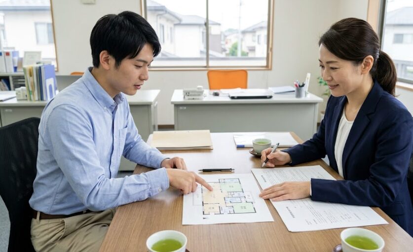 賃貸アパートの管理事務所で、若い日本人男性の入居者が管理会社の担当者に、リビングの間取り図を指し示しながらエアコン専用回路工事の許可を求めている様子。テーブルの上には書類やペンがあり、相談と合意形成が行われている。