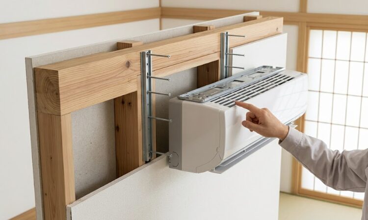 エアコン縦桟が壁内の頑丈な柱と廻り縁に固定され、重い室内機を支える仕組みを視覚化した概念図。安定性と安全性を強調。