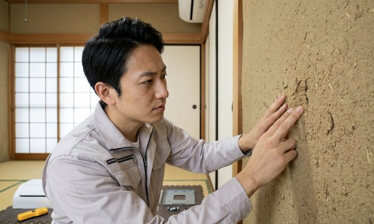 和室のもろい土壁の状態を確認する日本人作業員。エアコン縦桟が必要な理由とその専門性を強調。