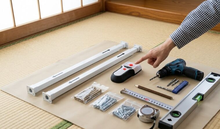 和室でのエアコン縦桟DIY取り付けに必要な道具一式。伸縮式縦桟、下地センサー、電動ドリル、水平器などが清潔なマットの上に並べられている。