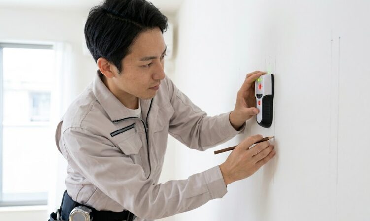 石膏ボードの壁で、下地センサーを使って壁裏の柱の位置を正確に探し、鉛筆でマークを付ける集中した日本人作業員の様子。精密なエアコン設置準備。