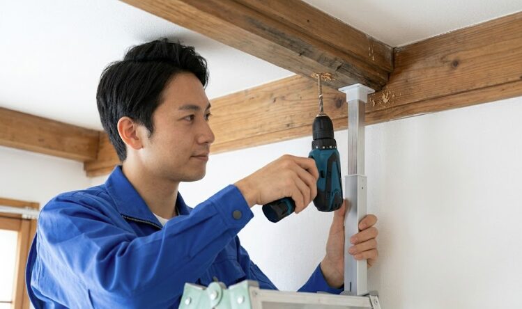 天井近くの頑丈な木製の廻り縁に、電動ドリルを使ってエアコン縦桟をビスで確実に固定する日本人作業員。安全な施工。