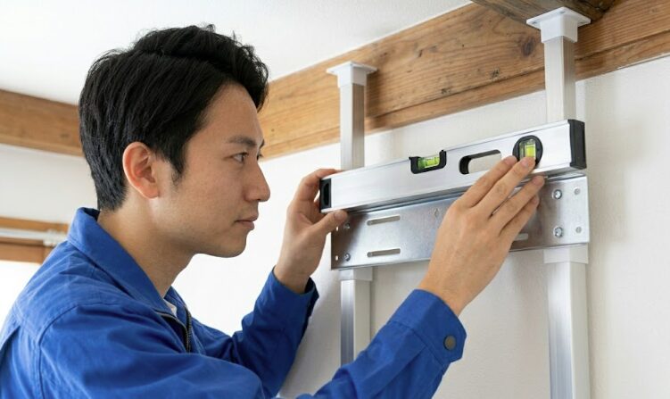 エアコン据付板を縦桟にビスで確実に固定した後、上部に水平器を当てて完全に水平であることを確認する日本人作業員。水漏れ防止のための精密なエアコン設置準備。