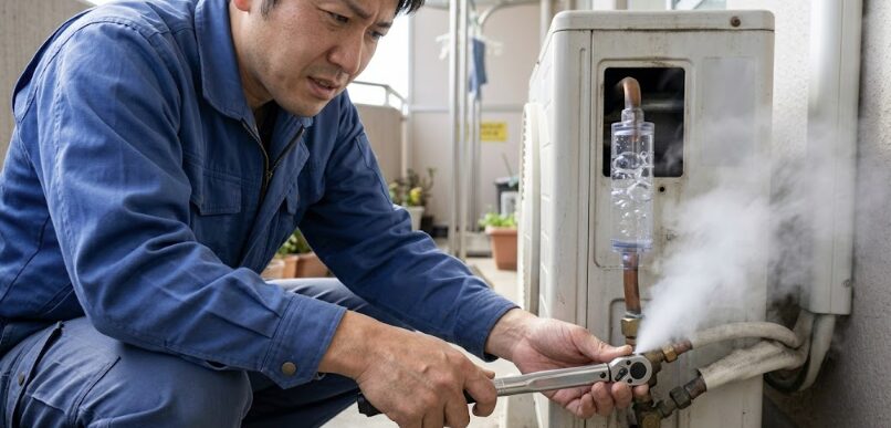 エアコンの室外機でガス置換法を試みる様子。冷媒ガスが放出されるが、配管内の透明なセクションに気泡と水滴が残り、不純物が完全に除去されていないことを示している。