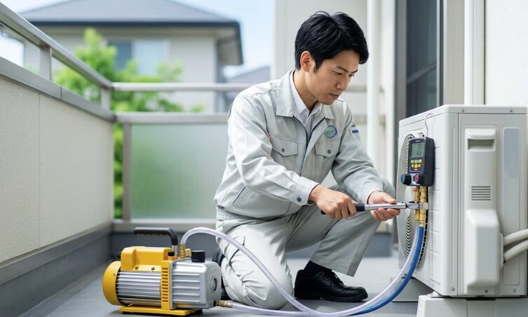 日本人のプロのエアコン設置業者が、専用の真空ポンプ、デジタルマニホールドゲージ、トルクレンチを使用して、室外機で真空引き作業を正確に行っている様子。