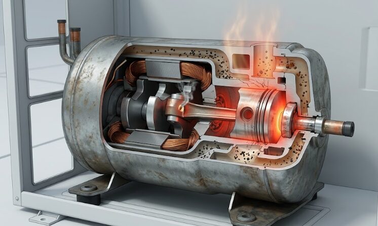 エアコンのコンプレッサーのカットモデル図。内部に不純物が混入し、部品に過度な負担と熱が発生している状態を描写し、故障リスクを視覚化している。