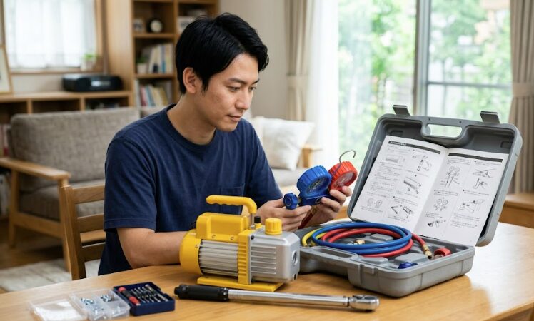 日本人のDIY愛好家が、自宅のテーブルでレンタルしたエアコン取り付け工具一式（真空ポンプ、マニホールドゲージ、トルクレンチ）と取扱説明書を確認している様子。リアルでリアルな日本の家庭環境で。