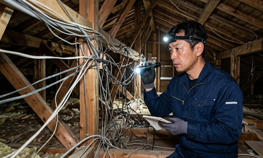 薄暗い天井裏（グルニエ）で、複雑な配線と建物の構造を真剣に調査する日本人の電気工事士。見積もりのための現場調査。