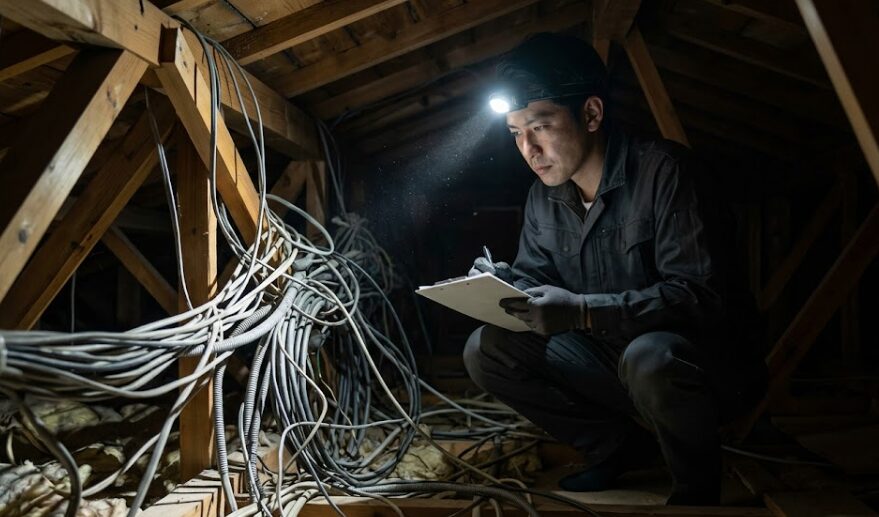 薄暗い天井裏（グルニエ）で、複雑な配線と建物の構造を真剣に調査する日本人の電気工事士。見積もりのための現場調査。