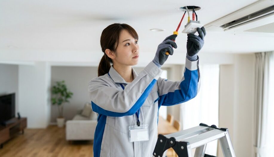 国家資格を持つ証（電気工事士証のイメージ）を首に下げ、真剣な表情で天井コンセントを設置する日本人の女性電気工事士。プロによる安全な施工。