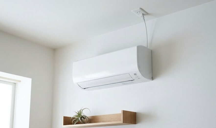 電源コードやコンセントが一切見えない、スッキリと洗練された壁掛けエアコン周辺のインテリア。ミニマルなリビングルーム。